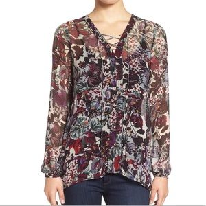 Lucky Brand | Sheer Floral Lace-Up Peasant Blouse
